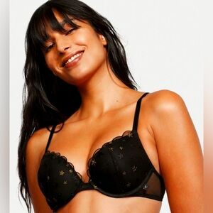 Victoria's Secret Sexy Tee Sexy T-Shirt Push Up Black Gold Stars Bra NWT Sz 34/C